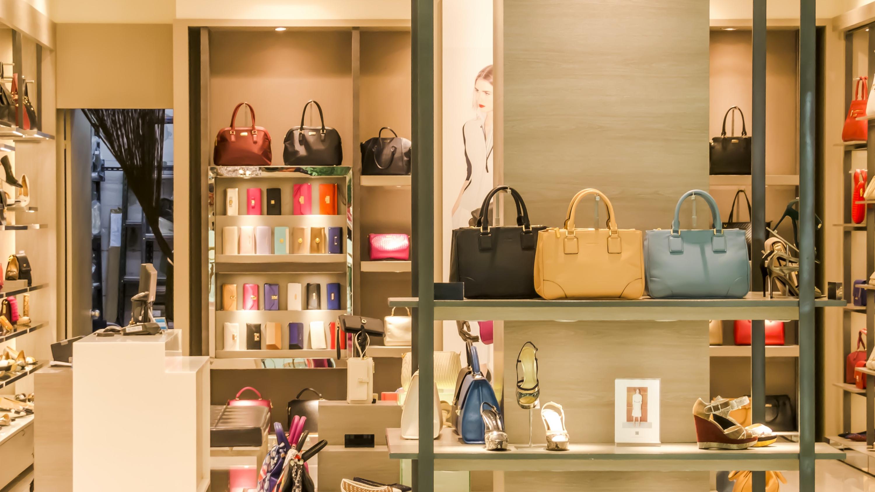 Display of handbags and shoes at a store