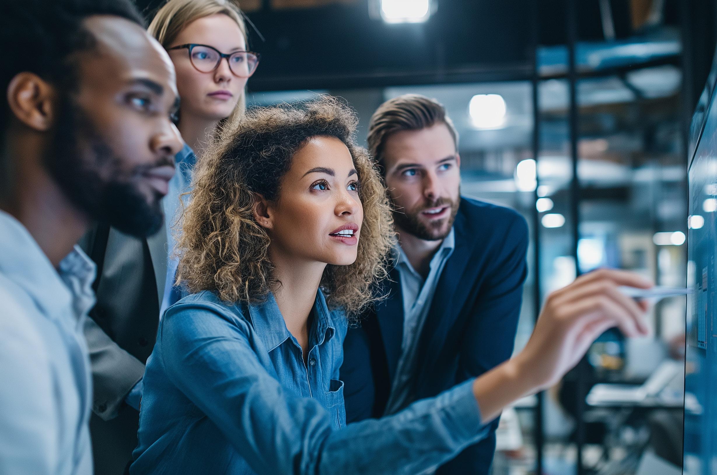 Modern Business Team Collaborating around Digital Screen in Sleek Office, Diverse Professionals Brainstorming Creative Strategies Together