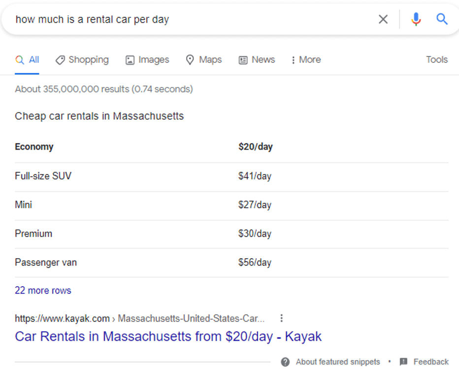 google search for rental car